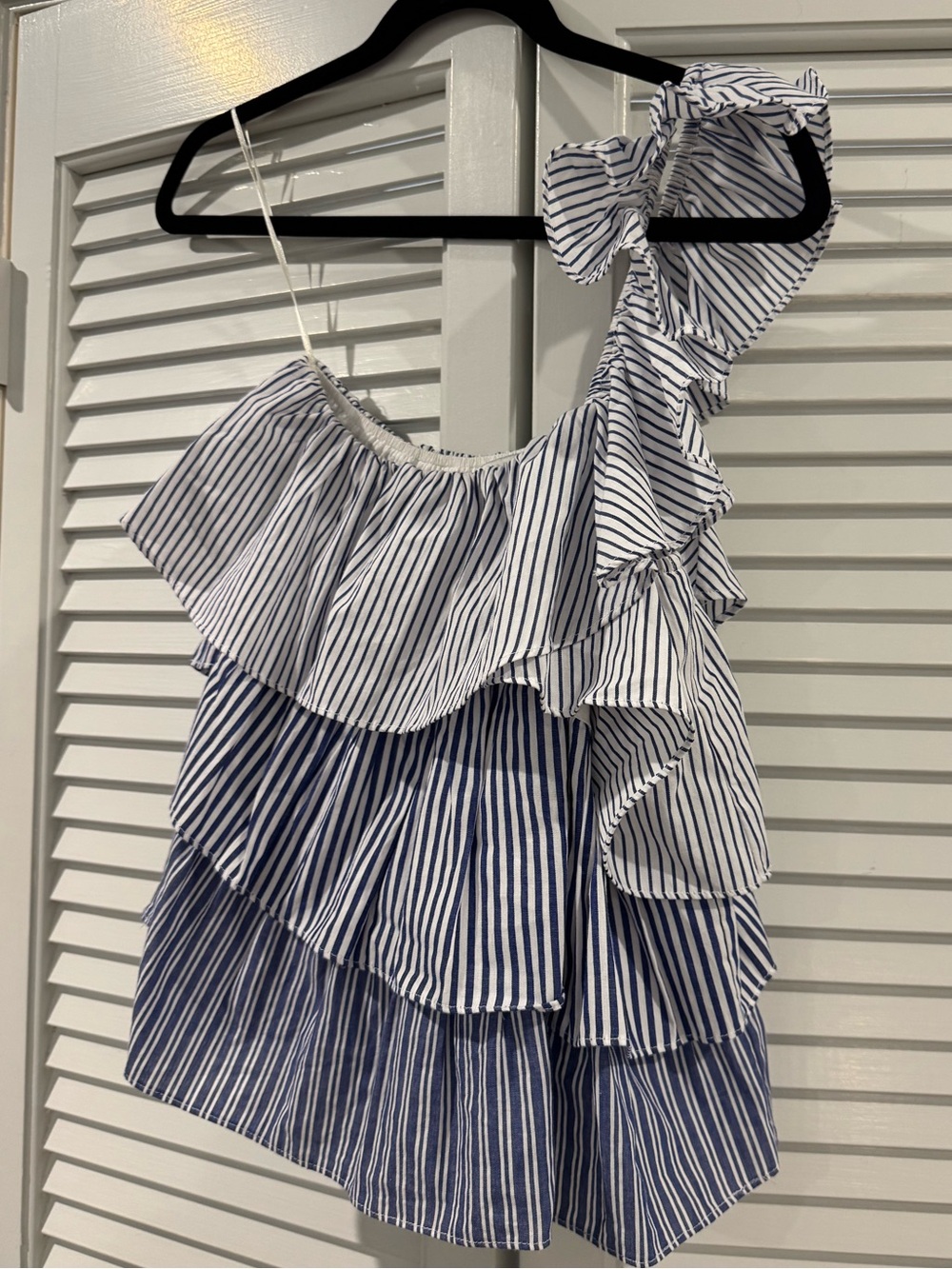 DO+BE White and Navy Striped Ruffle One-Shoulder Blouse - Picture 3 of 7